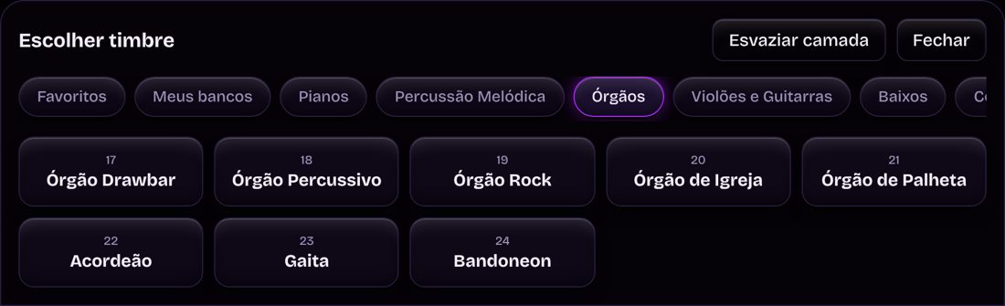 Seletor de timbres com as categorias General MIDI e Meus bancos.